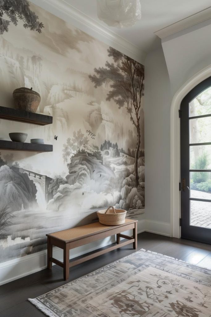 A bespoke mural or wallpaper art piece is a dramatic and bespoke element that personalises the entryway partner. You can add a few small floating shelves on the wall for quick storage.