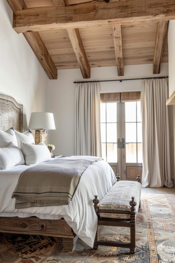 Exposed wooden beams on the ceiling give the ceilings of the bedroom structural beauty and a rough charm. They give a room a unique decorative note and create the stage for a rustic space.