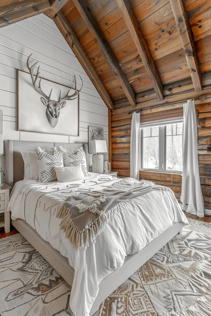 A painting of a deer with 3D antlers gives the bedroom furnishings a wild, untamed note and celebrates nature stylishly inside.