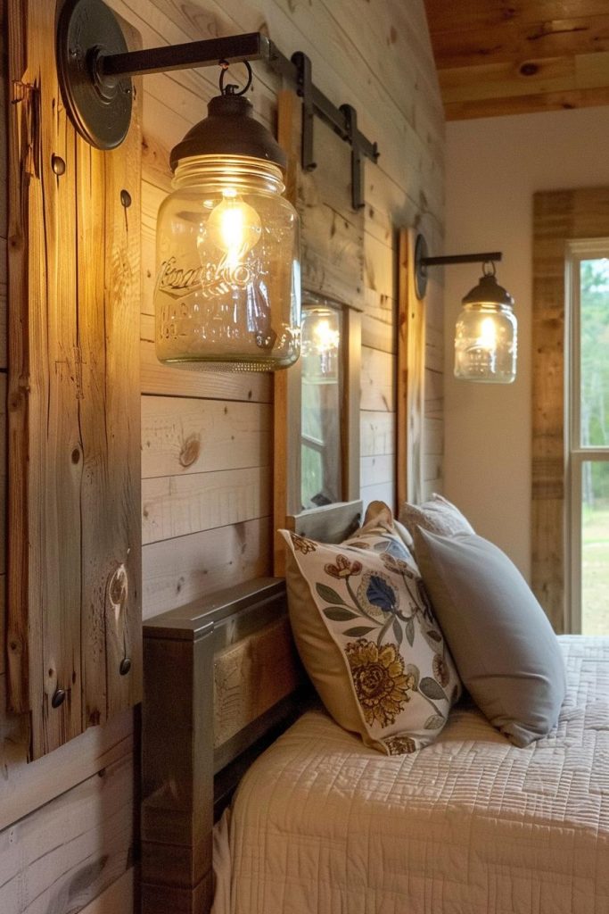 Oversized mason glass lanterns are ideal for rustic decorations. In this room you illuminate the room with an attractive mix of rural flair and practical lighting.