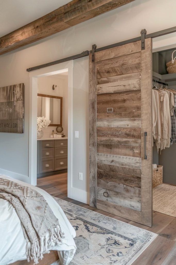 The doors of the barn door cabinet can be pushed and release a walk-in wardrobe, which combines functionality with the aesthetics of a farmhouse in the bedroom.