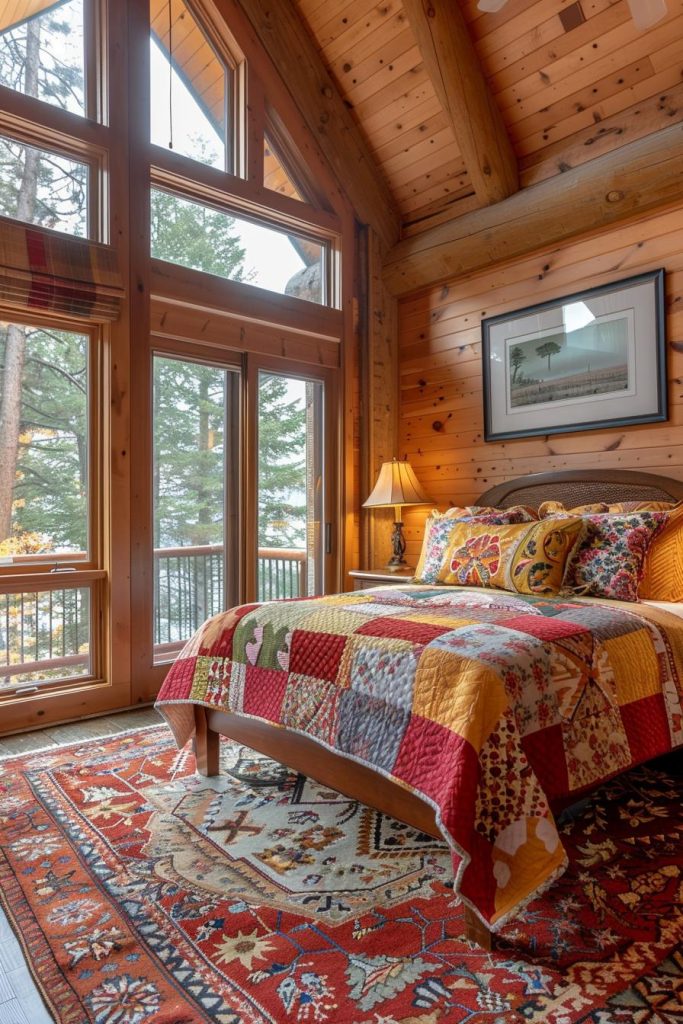 A handmade quilting blanket ensures heat and a splash of color and embodies domestic comfort, which is a central element of this charming, rustic design.