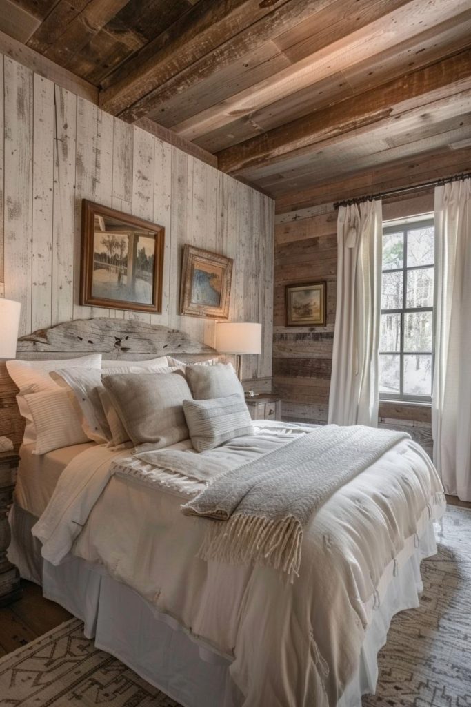 White wood paneling give the walls a soft look that faded from the sun, which refreshes the rustic color palette of the room and serves as a perfect canvas for photos and framed works of art on the walls.