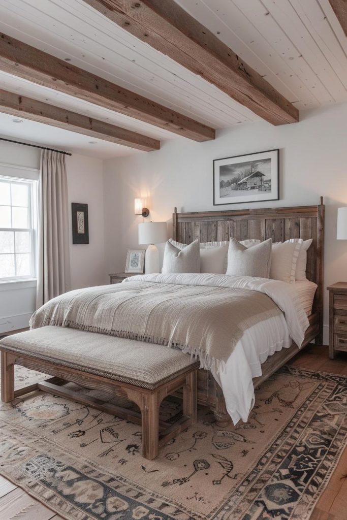 This striking bed frame in a country house style anchors the room as a robust, rustic heart and combines simplicity with rural style.