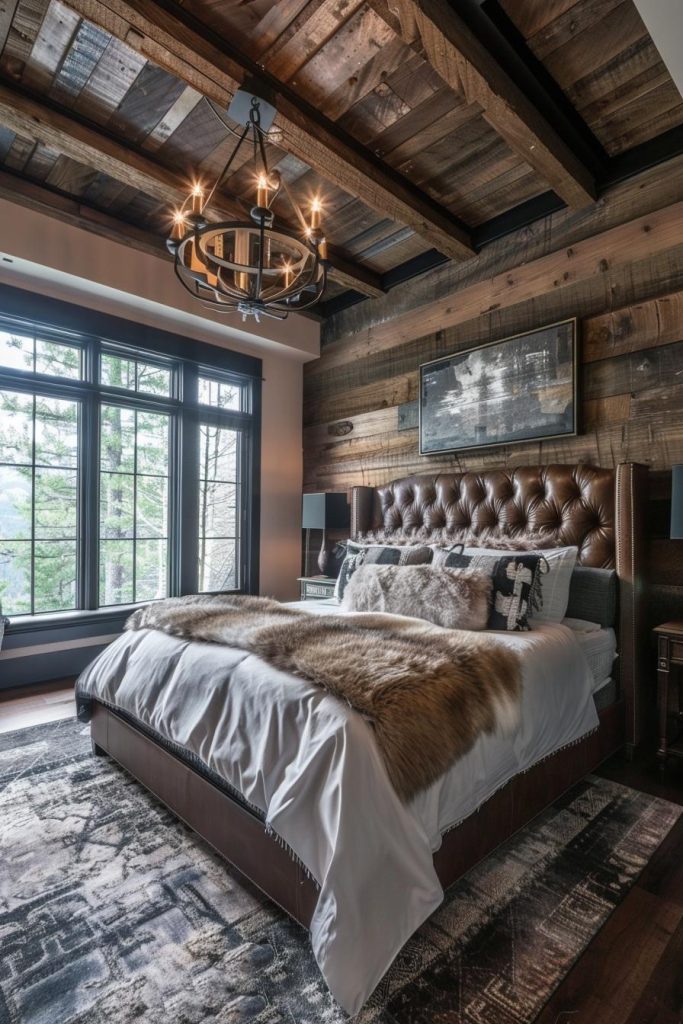 A headboard padded with leather brings luxury into the rustic surroundings with its rich texture and elegant presence.