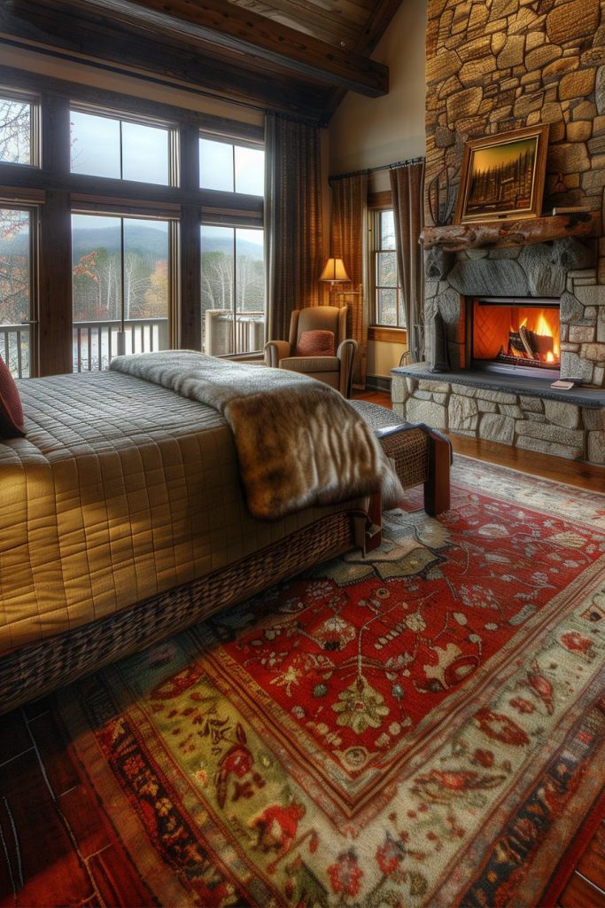 Fireplaces are not only there for their living space. If you have a room that offers space for it, a fireplace is a nice, cozy note. In this room, a stone fireplace with a wide fireplace becomes the heart of the bedroom and offers warmth and a solid architectural element.