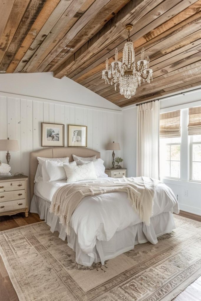 A wetting blanket decorated with a decorated chandelier combines rustic character with a touch of opulence that looks great in a room with white walls.