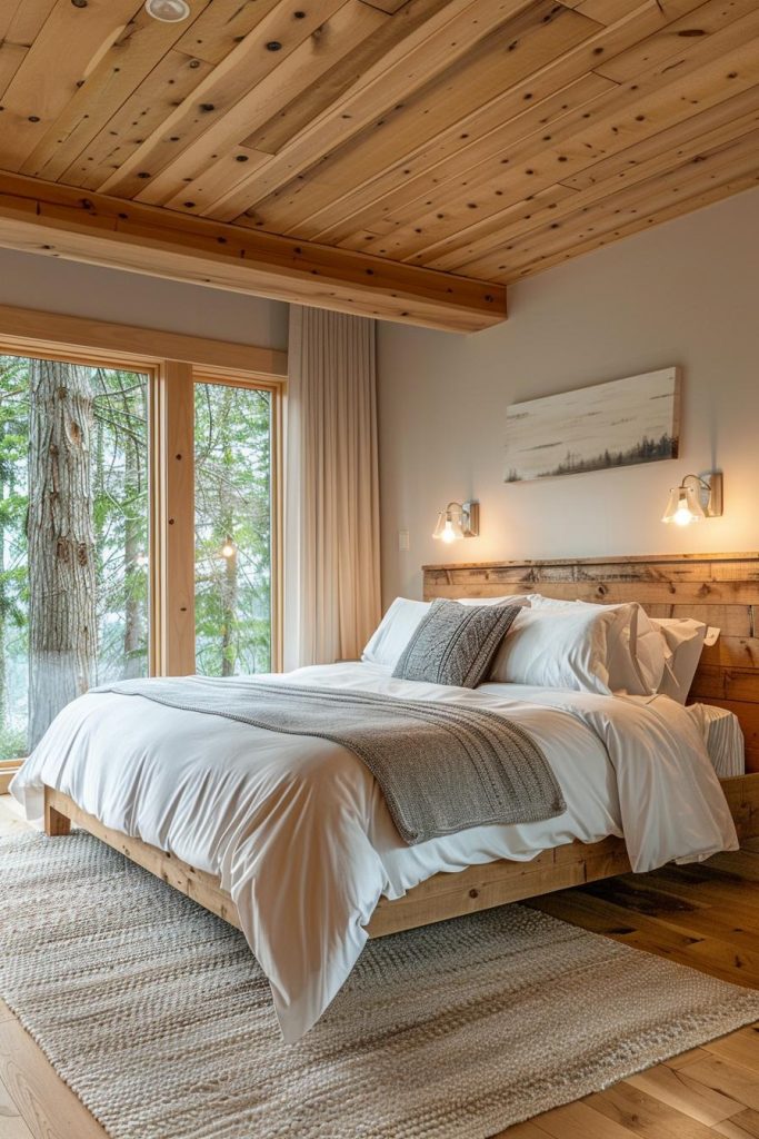 The bed frame and the headboard made of gnarled pine wood have strong and appealing wood grain patterns and capture the unaffected essence of the forest in the bedroom.