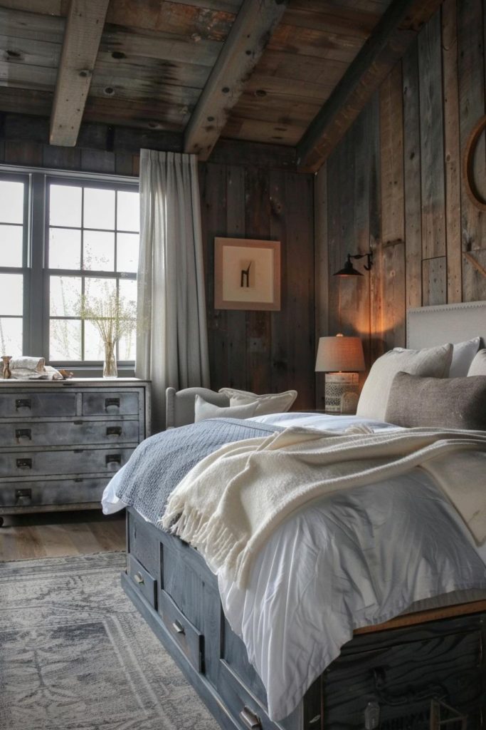 Accents made of galvanized metal are a basic component of rustic decoration. In this bedroom, a galvanized metal drawer brings industrial charm into the bedroom.