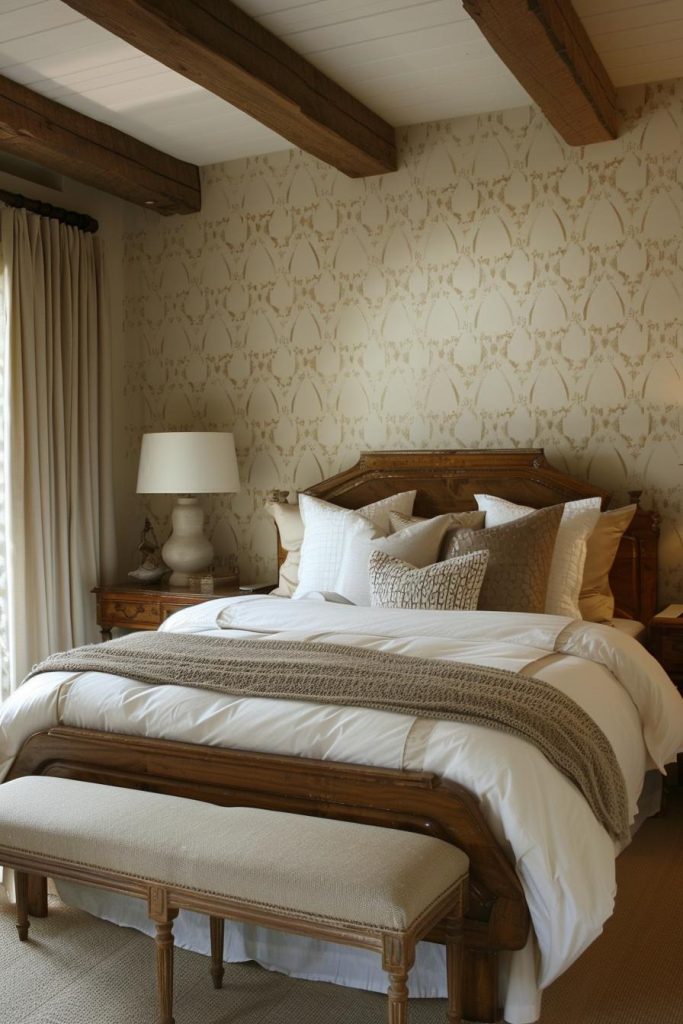 A stenciled accent wall gives a rustic bedroom a personal touch. This artistic pattern in deep brown and cream looks beautiful in a rustic room and there are so many patterns that reach from subtle to striking.