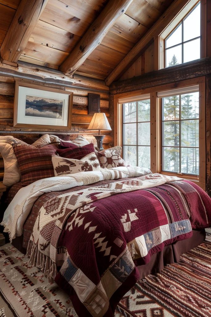 Bed linen in a log house style envelops the bed with quilted comfort and geometric motifs and forest motifs. This special set is chestnut brown and brown with a touch of cream and blue and gives the bed a warm and inviting atmosphere.