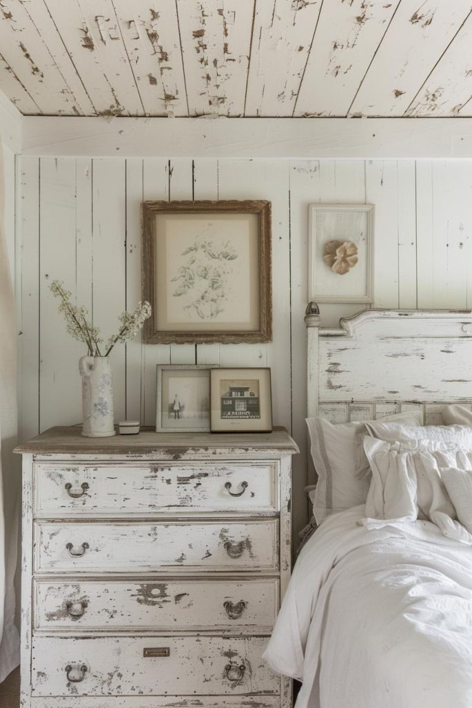 A chest of drawers painted in the used look with framed photos bears the peeling color like a badge of honor and underlines the rustic aesthetics of the room that has always been popular.