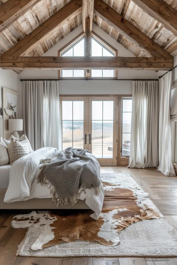 You can add further design elements to a rustic room to highlight it. This rustic carpet made of cowhide spreads over the floor and gives the bedroom landscape a touch of Western glamor.