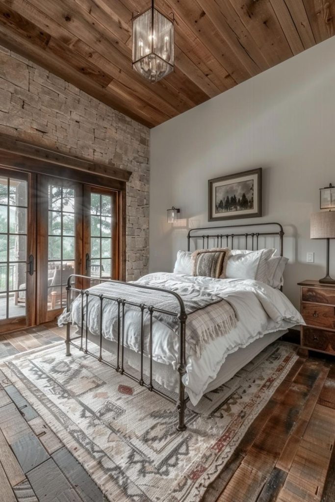 The wrought iron bed frame gives the bedroom an industrial flair, its robust lines frame the bed precisely and wonderfully fit the rustic theme of the room.