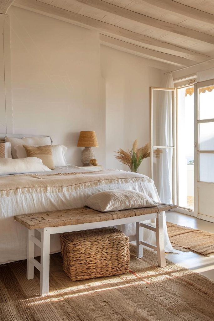 A square, hand -braided basket, properly stowed under a white bank with a structured worktop at the end of the bed, gives the room more dimension and offers an organic solution to stow disorders.