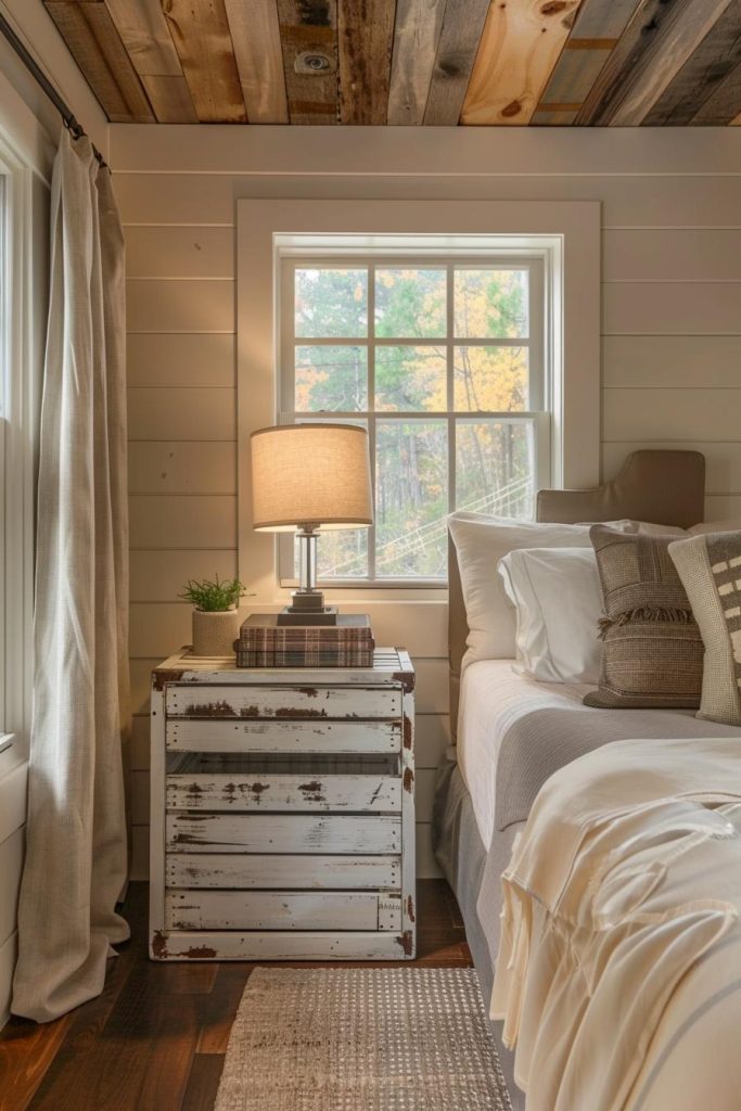 White-painted bedside tables made of wooden boxes in the used look radiate a DIY spirit and use the materials in an imaginative manner for a bedside table.