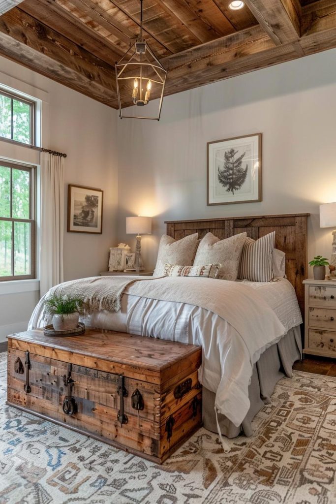 In this bedroom, a pretty headboard made of wood simply gives a beautiful country house style. A wooden bedside table rounds off the look.