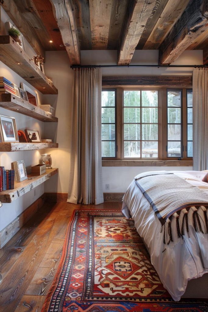 Floating wooden shelves in the used look present valuable memorabilia and books on the walls, with each shelf giving the room a beautiful visual vignette.