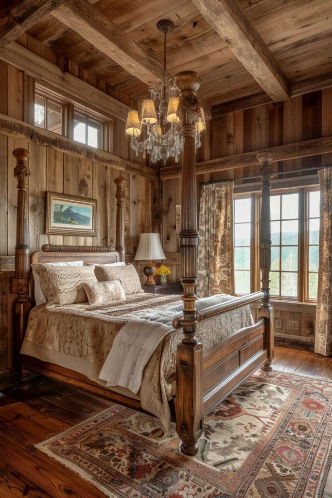 The wooden four -poster bed with modern design gives a rustic bedroom a touch of majesty, with each post protruding to the ceiling in a robust splendor.