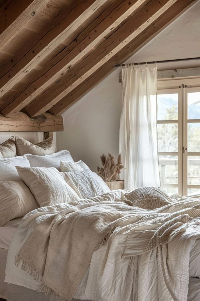 Neutral bed linen in the country house style envelops the bed in layers of quiet colors and invites you to relax dreams in a rural environment. Combine it with a stack of fluffy pillows and make the bed the center of the room.