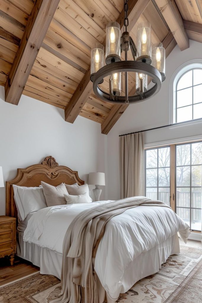 A rustic chandelier made of wood and metal with lights that imitate candles dangles from above, combines traditional style with modern design and illuminates the room with an atmospheric shine.