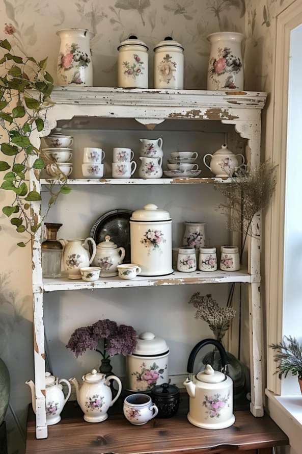 A white wooden shelf with a collection of floral ceramic glasses, teapots, cups and saucers surrounded by flowers and greenery in a well-lit room.