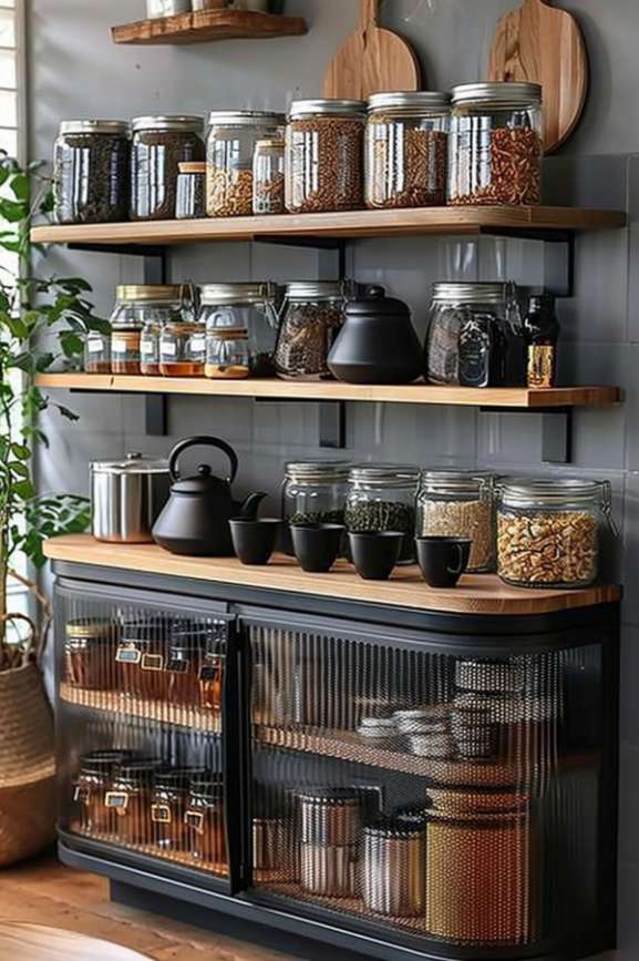 A kitchen shelf filled with various jars of nuts, grains and spices. Below the shelf there is a cupboard with glass doors that can accommodate additional glasses and containers. A teapot and cups are also provided.