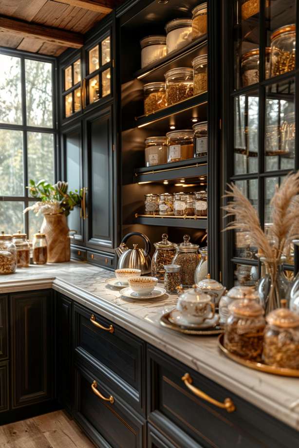 A modern kitchen with dark cabinets, jars filled with various foods, tea sets on marble countertops, and large windows letting in natural light.