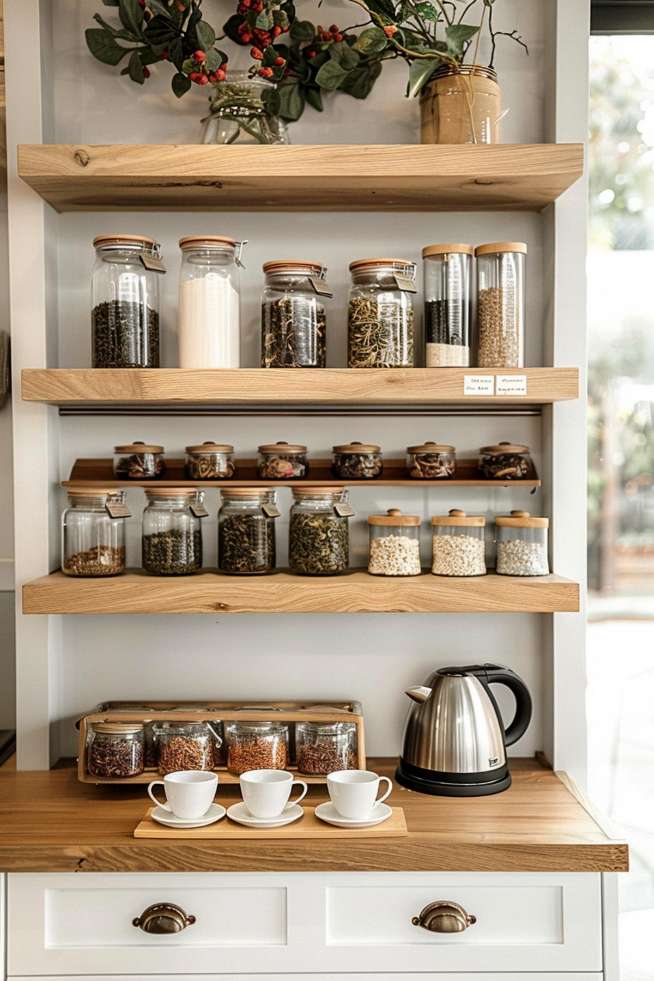 Wooden shelves with spice and grain jars are attached to a white kitchen wall. Below the shelves is a wooden counter with a kettle and three white cups on saucers.