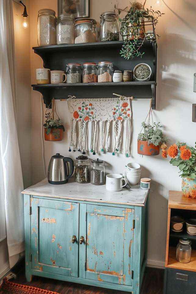 A small kitchen corner with a distressed turquoise cabinet, various glasses on a shelf above, hanging cups and a macrame wall hanging decorated with flowers and potted plants.