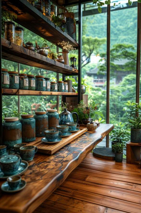 A wooden table and shelves showcase pottery and ceramic vessels in a room with large windows overlooking lush greenery. Various ceramic bowls, cups and canisters are neatly arranged on the table and shelves.