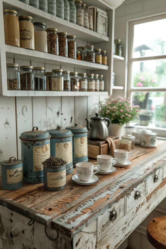 A rustic kitchen scene with shelves of various glasses, a wooden counter with tea utensils, three tea cups and saucers, metal canisters and a teapot next to a window with potted plants visible.