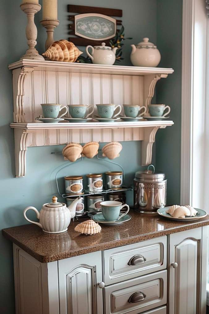 A blue-style kitchenette with teapots, cups and decorative shells on a wooden shelf, as well as tea canisters and a French press on the counter below.