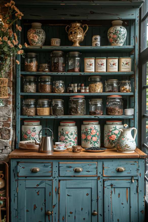 Various jars and cans with a floral pattern stand in a rustic blue wooden cupboard, and a kettle and a teapot stand on the wooden worktop. Dried flowers hang on the left and there is a window on the right.