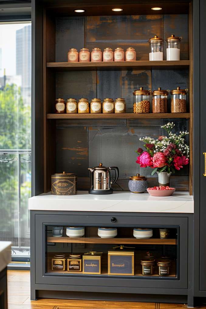 A modern kitchen display with shelves holding various glasses, bottles and a teapot on a counter. A flower arrangement and small containers are also available. Below, a cupboard contains additional containers.