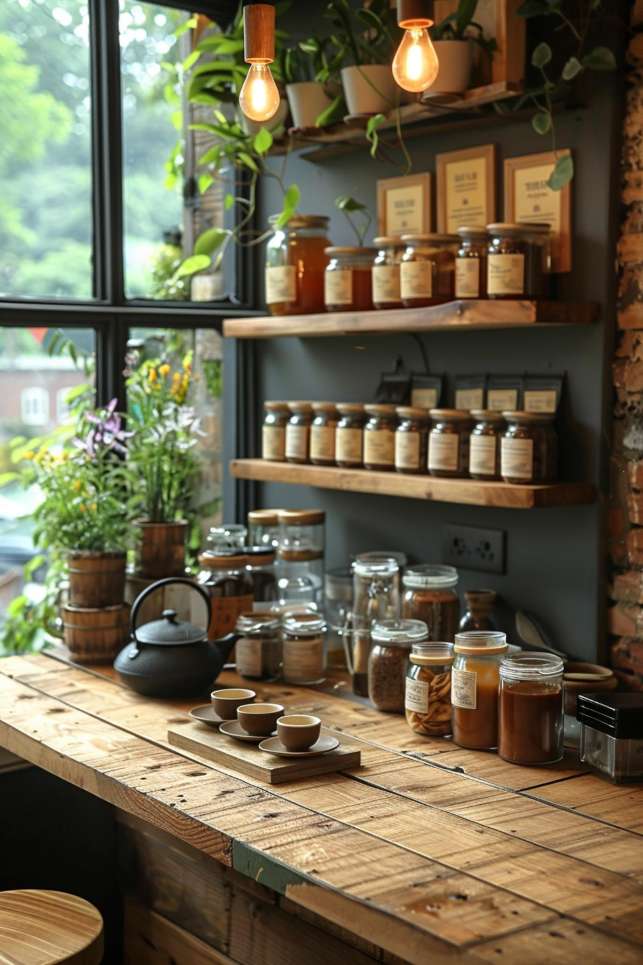 Wooden countertop with tea glasses, teapot and cups in a cozy kitchen. The shelves above provide space for additional glasses and framed items. Plants on the counter and windowsill add more greenery.