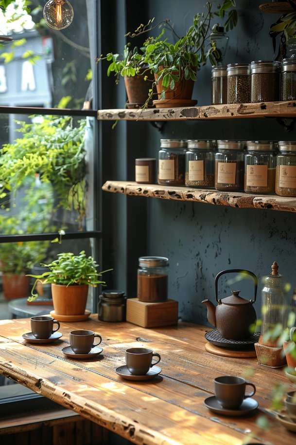 A wooden table with four empty tea cups in a cozy cafe. There are plants and tea glasses on the shelves above. A teapot and other plants decorate the table. Natural light streams through a nearby window.