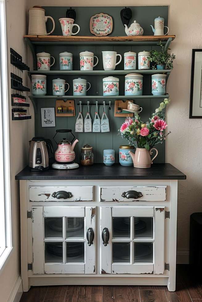 A kitchen corner with a wooden cabinet with glass doors, a black countertop with a floral teapot and kettle, and shelves with decorative floral cups and plates.