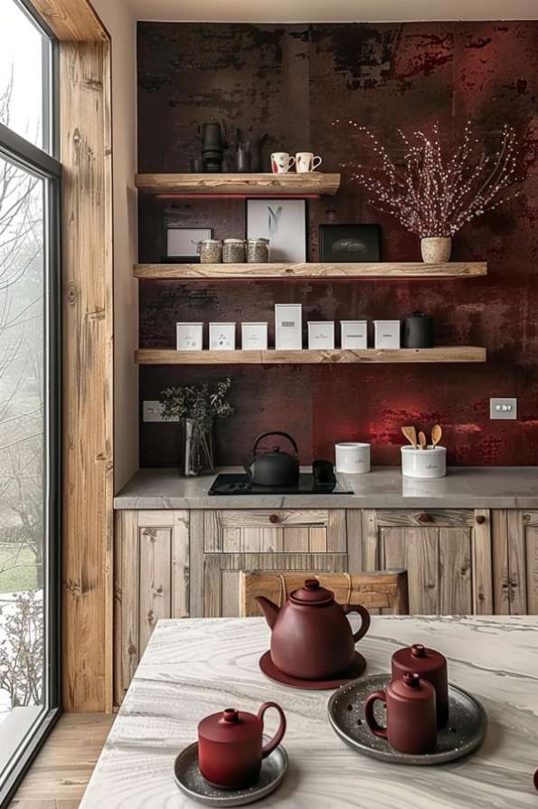 A cozy kitchen features wooden cabinets, shelves with various items, a countertop with a vase and kettle, and a window that lets in natural light. There is a teapot and two cups on a marble table.