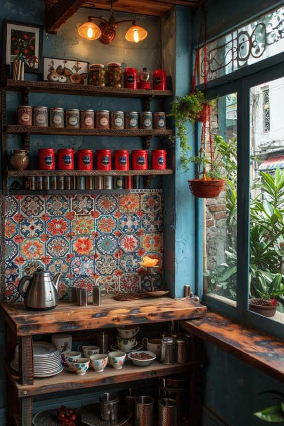 A small, cozy kitchen corner with a colorful tiled back wall, shelves with various glasses, a kettle on a rustic worktop, potted plants and a window with a view of the greenery.