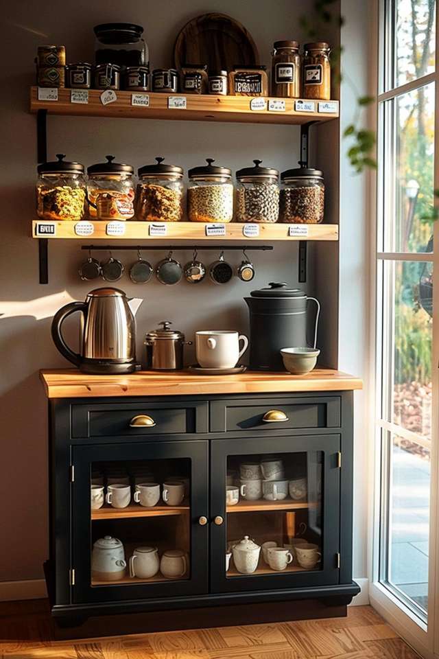 A kitchen corner with a black cupboard with teapots, cups and mugs. Various jars with spices and herbs are displayed on shelves above. There is a kettle, a teapot and a cup on the worktop.