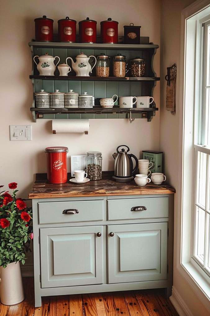 A small kitchen corner with a light green cabinet, a wooden worktop and matching wall shelves. There are various glasses and teapots on the shelves. There is a kettle, cups and a coffee pot on the worktop.