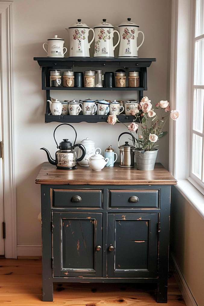 A wooden cabinet with a rustic black finish offers space for a tea set, kettle and potted flowers. Above, in front of a white wall next to a window, there are shelves with glasses and tea cups and pots with a floral pattern.