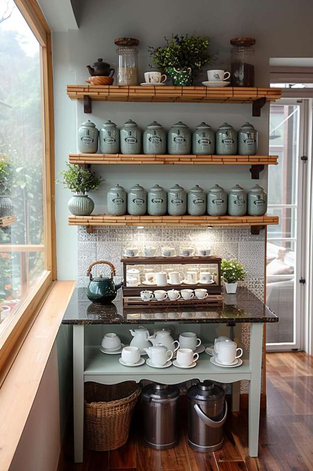 A small kitchen corner with shelves for tea caddies and teacups, a counter with cups and teapots and a window that provides natural light.