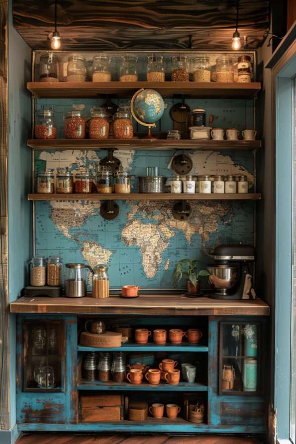 A kitchen pantry with shelves of jars, cups and spices in front of a world map. There is a globe on the middle shelf between the glasses and various kitchen utensils are stored in the lower cupboards.