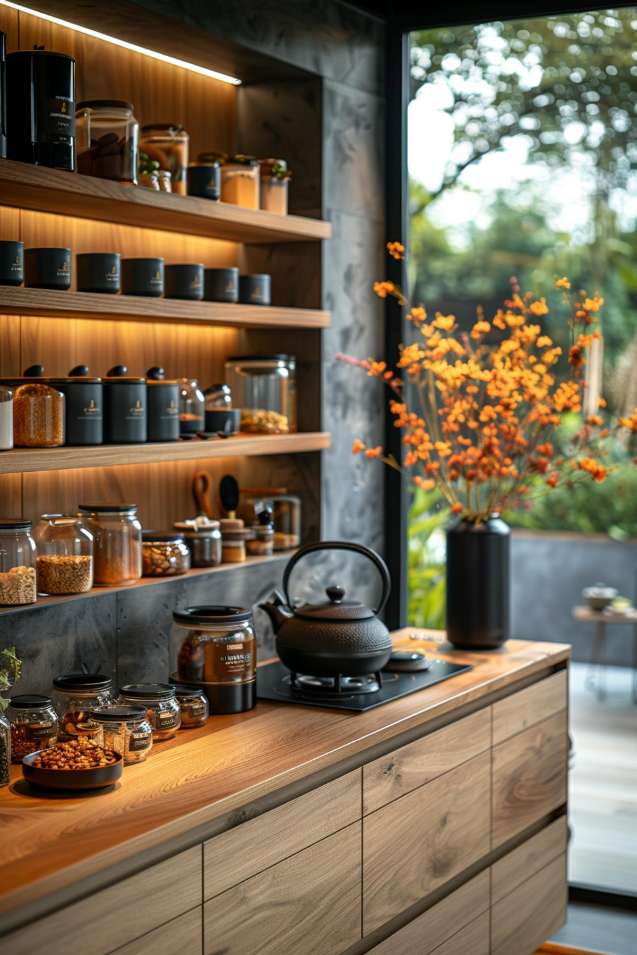 A modern kitchen with open shelves with jars full of spices and ingredients, a black teapot on a stove and a vase of orange flowers on a wooden countertop. A large window allows a view outside.