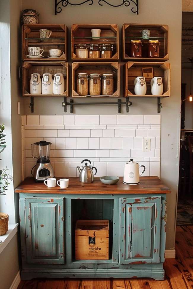 A rustic kitchen corner with wooden shelves with glasses and mugs, a blender, a kettle and a white teapot on a blue distressed cabinet. Back wall made of white tiles and a wooden box underneath.