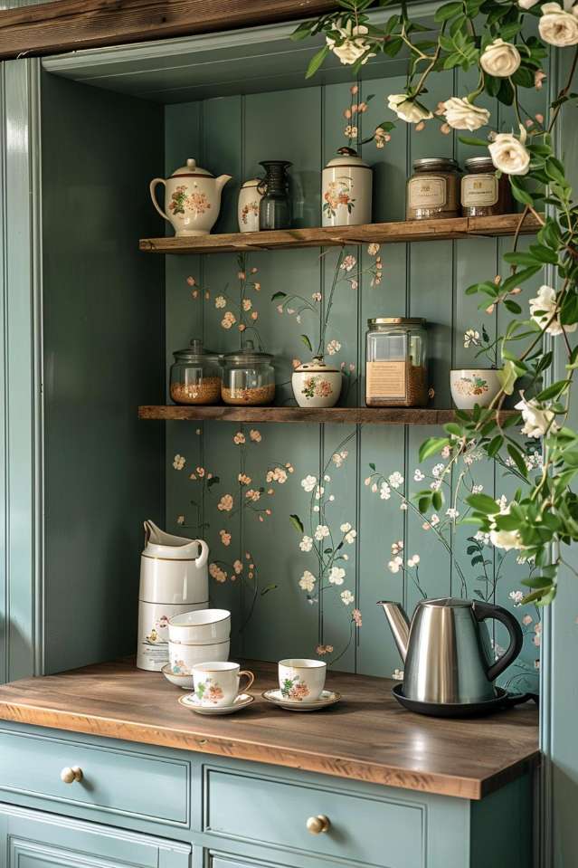 A kitchen nook with green cabinets and floral wallpaper and a wooden countertop with a kettle, teapot, cups and glasses on shelves above displaying more teapots and kitchen utensils.