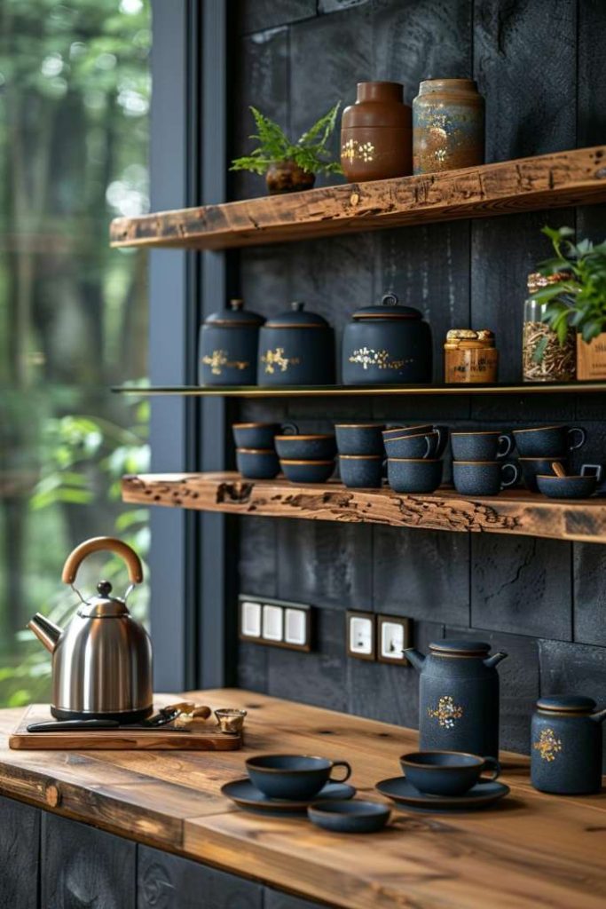 A kitchen shelf with black ceramic dishes and glasses, a wooden countertop with a metal teapot, cups and potted plants. The large window offers a view of the forest.