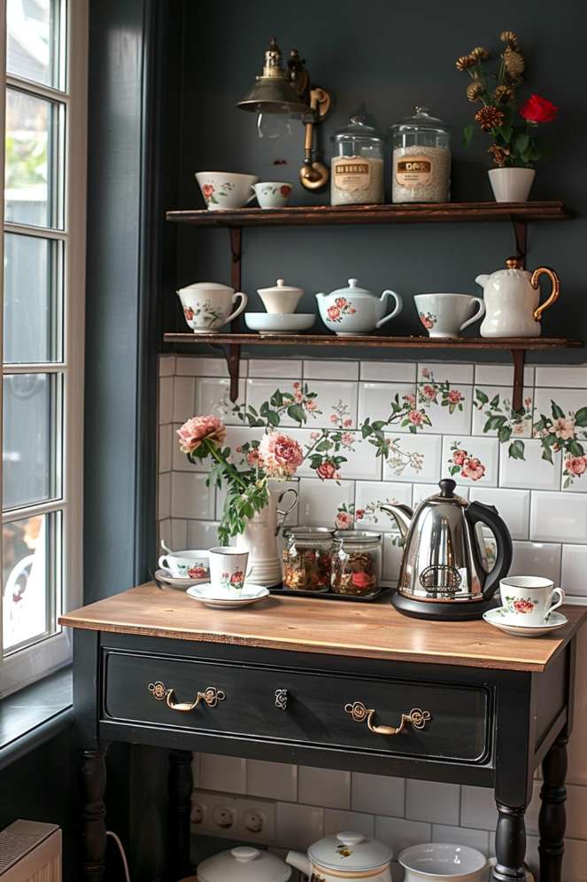 A cozy kitchen corner with a black vintage-style table, a floral kitchen splashback, a silver kettle, cups, glasses and shelves with teacups and glasses filled with cereals.